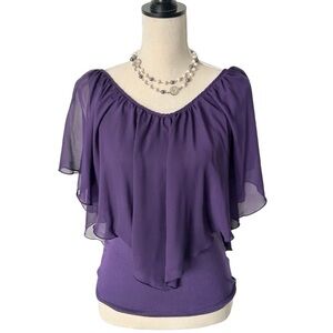 VENUS Deep Eggplant Purple Women's Soft Overlay Top, Short Sleeve Blouse,Small